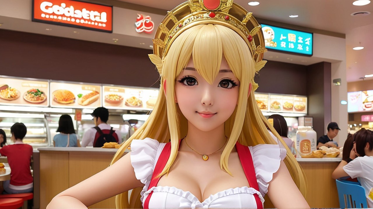 Cheerful Character in Maid Outfit at Food Court