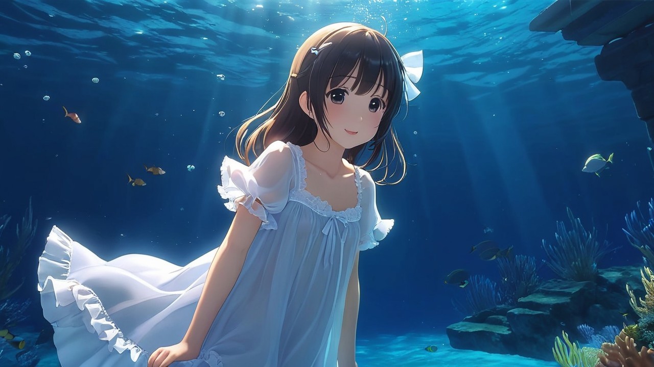 Girl in white dress swimming gracefully underwater