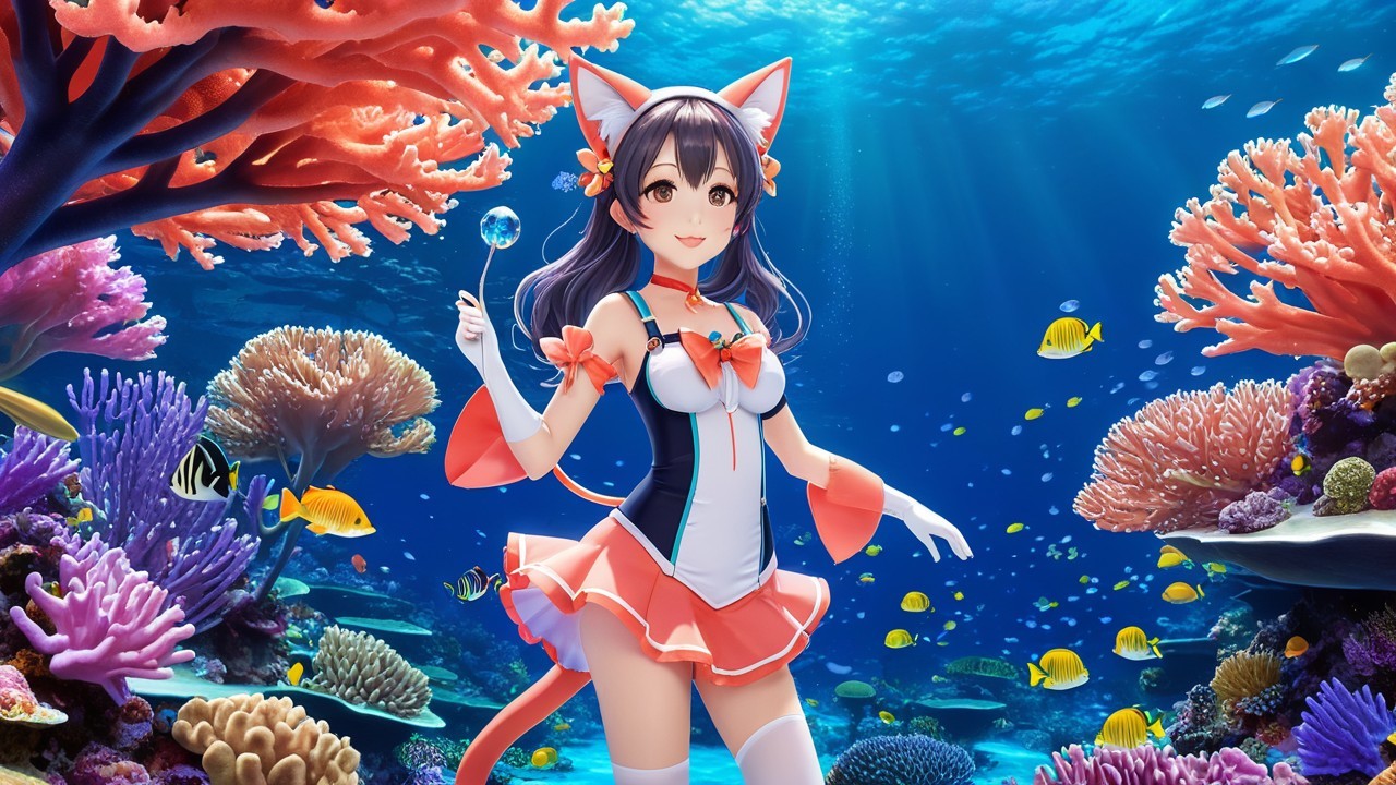 Whimsical Character Underwater with Coral and Fish