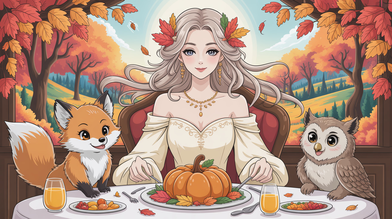 Thanksgiving Meal with Woman, Fox, and Owl in Autumn