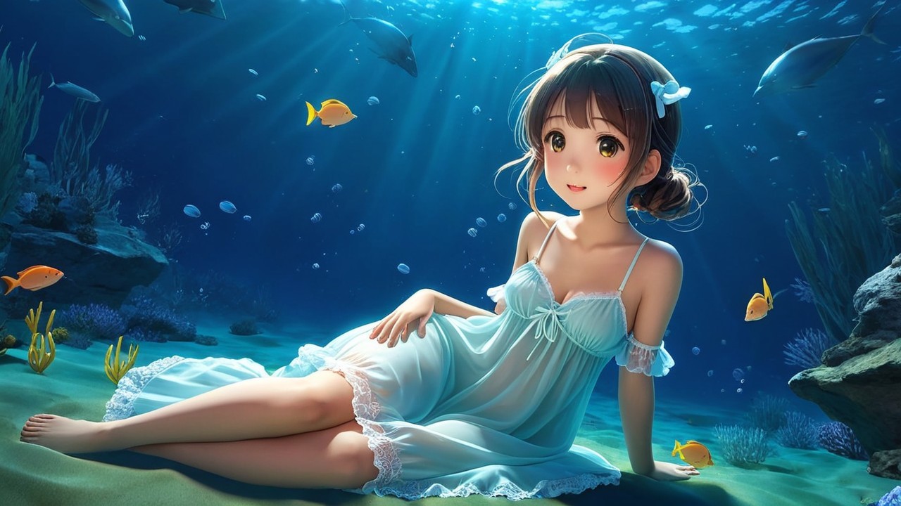 Young girl in white dress lounges on ocean floor