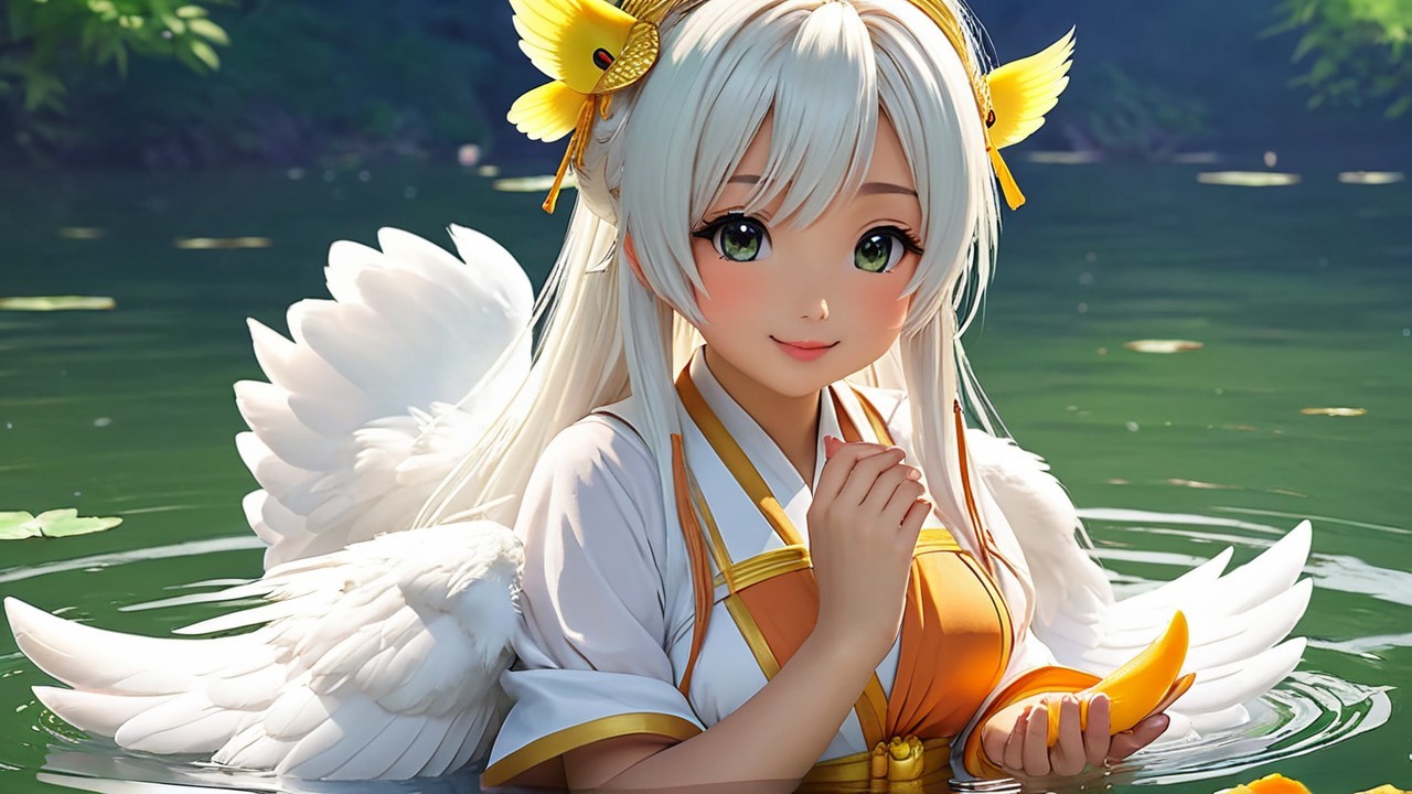 Mystical figure with white hair by serene green pond