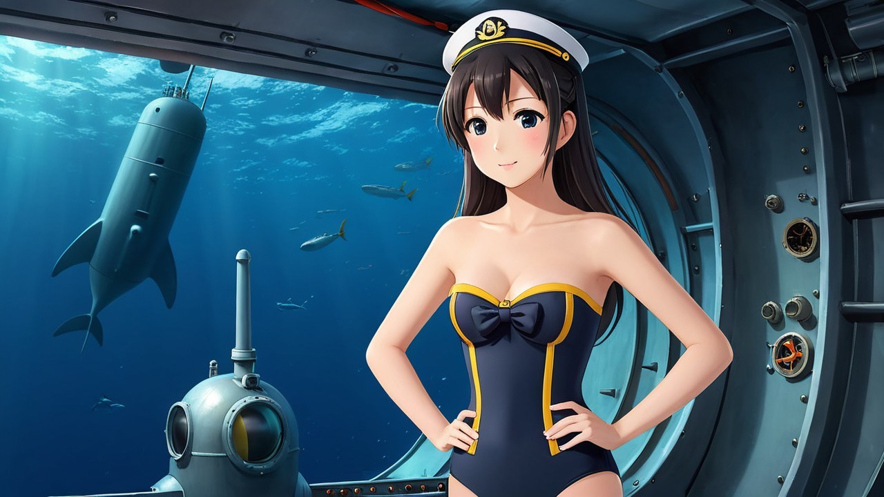 Young woman in swimsuit inside submarine with scenery
