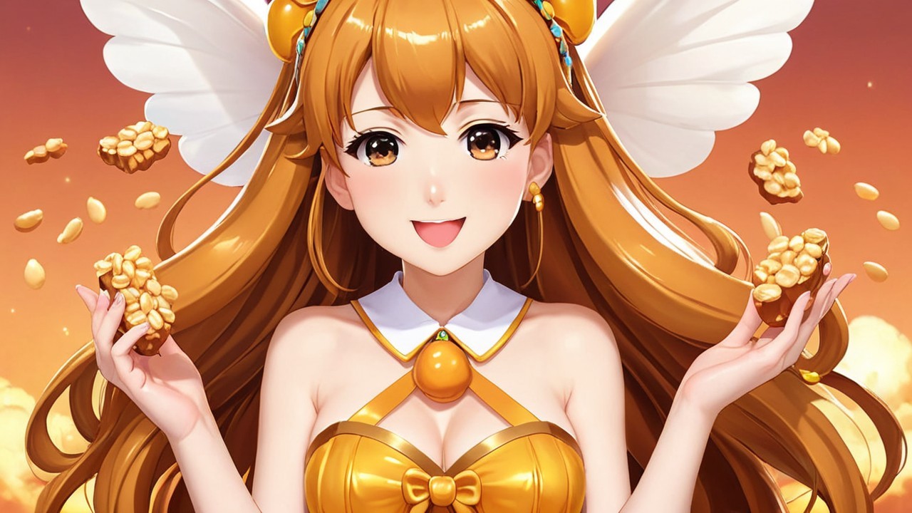 Cheerful character with wings and sunset background