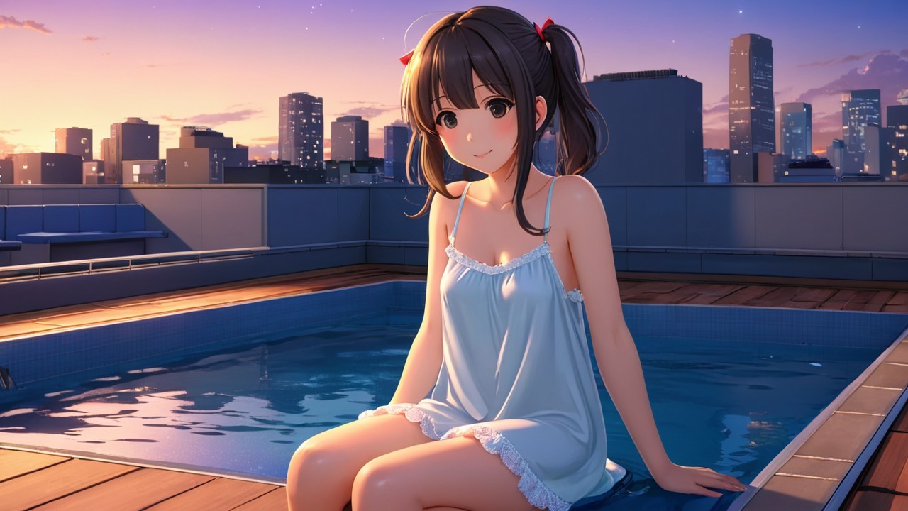 Serene Rooftop Scene with Young Girl at Twilight