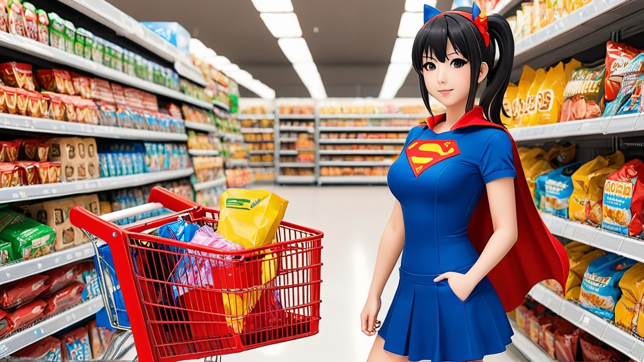 Superhero Character in Grocery Store Aisle with Snacks