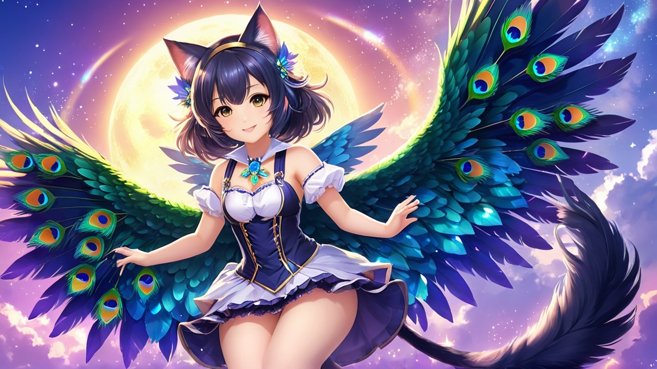 Fantasy Character with Cat Ears and Peacock Wings