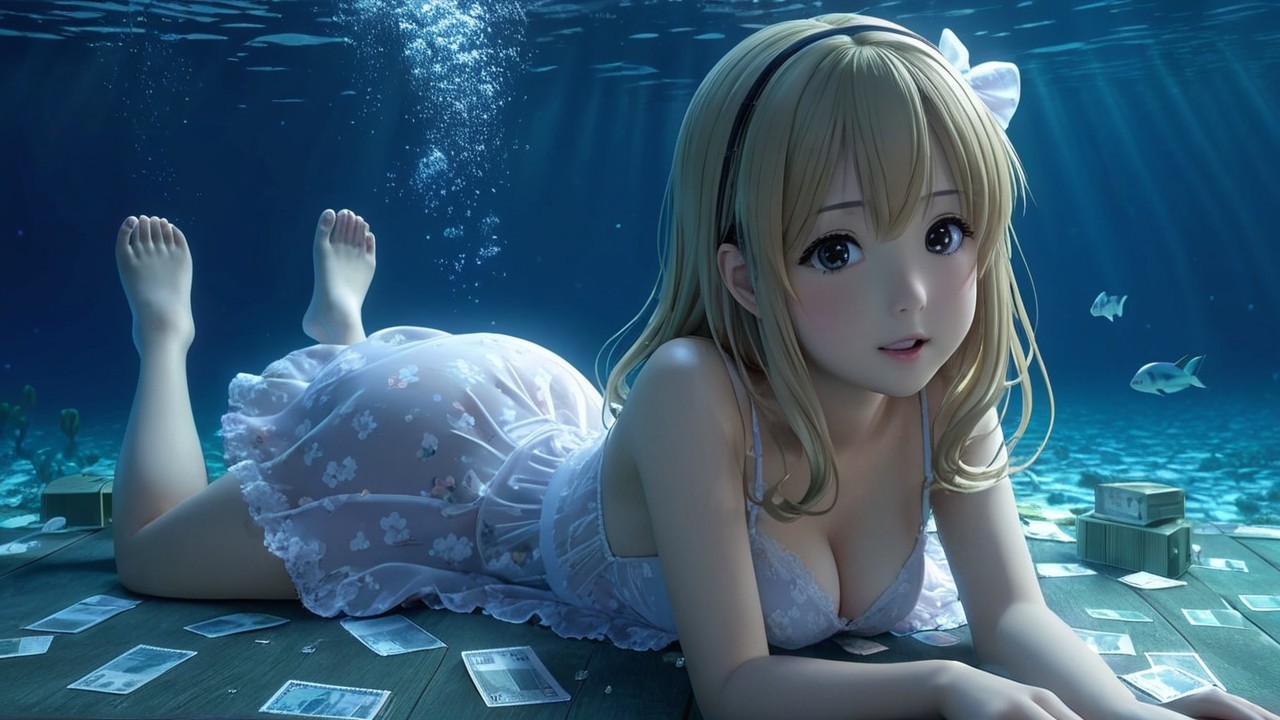 Underwater Scene with Woman in White Dress and Marine Life