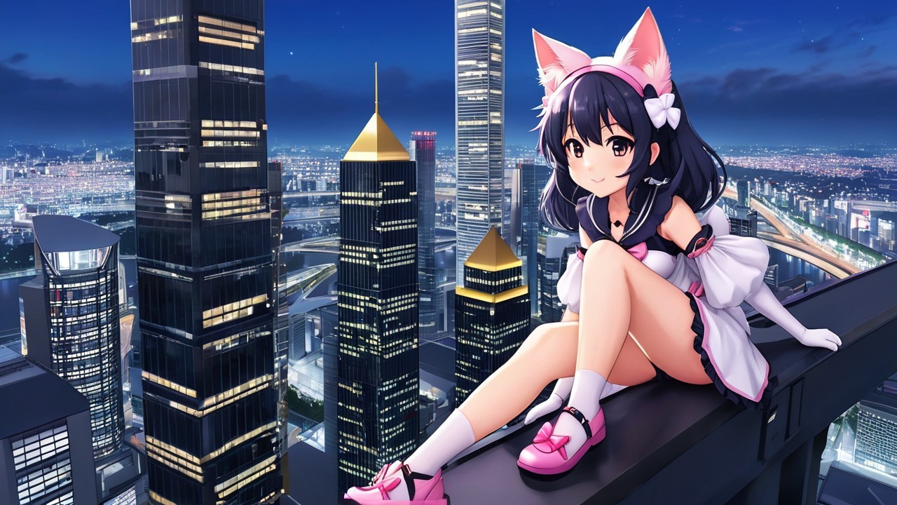 Anime Character with Cat Ears on Skyscraper at Night
