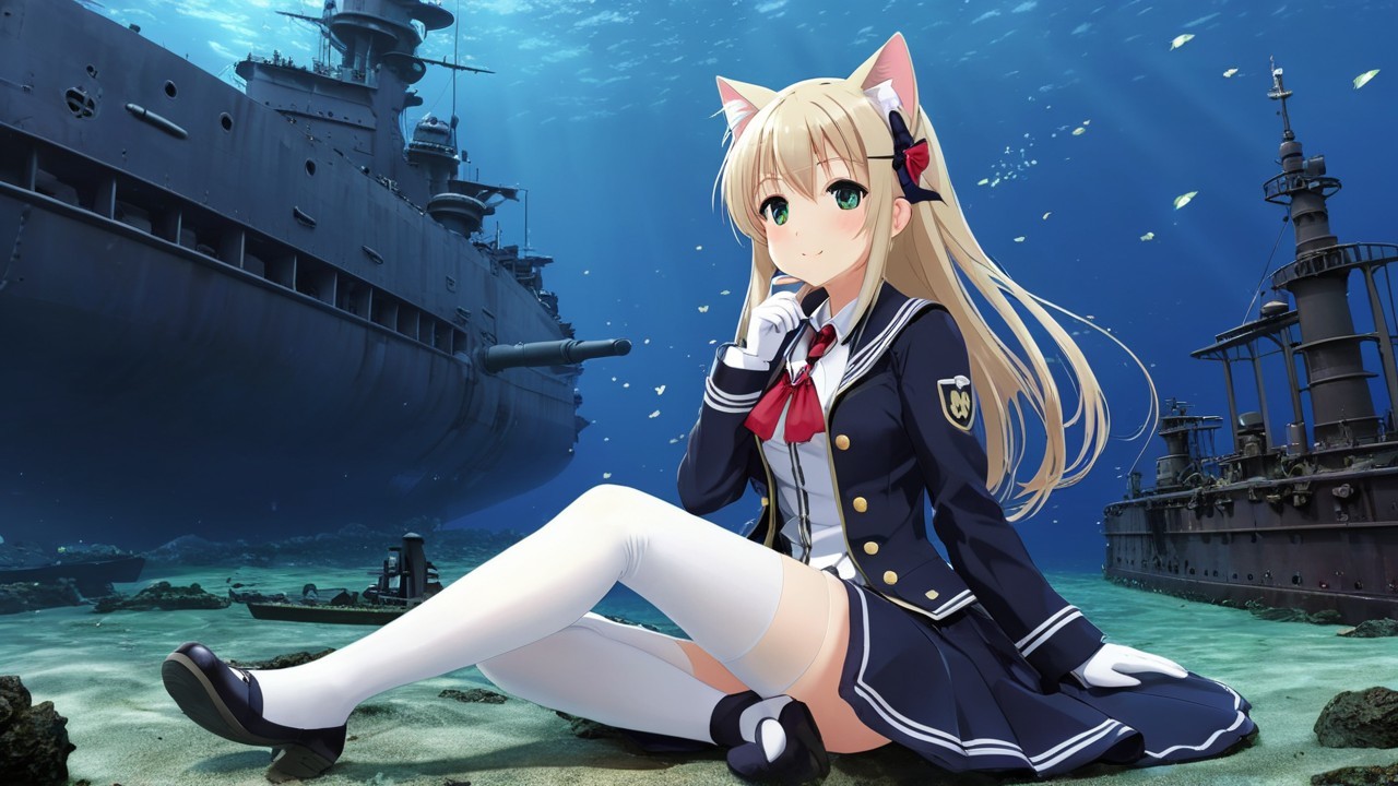 Anime Girl with Cat Ears on Ocean Floor Scene