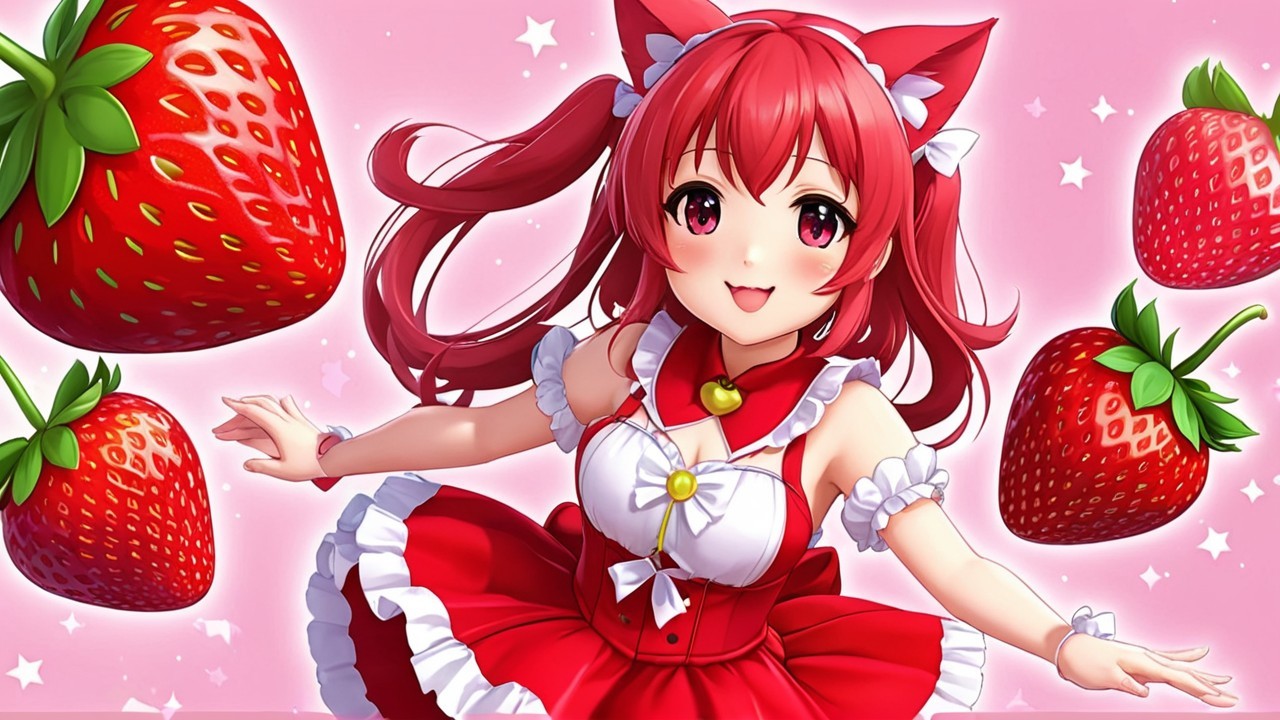 Cheerful Anime Girl with Red Hair and Strawberries