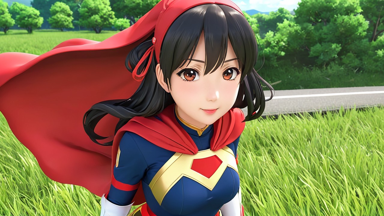 Young female superhero in colorful costume outdoors
