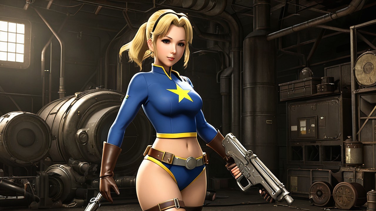 Character in Blue and Yellow Costume in Industrial Setting