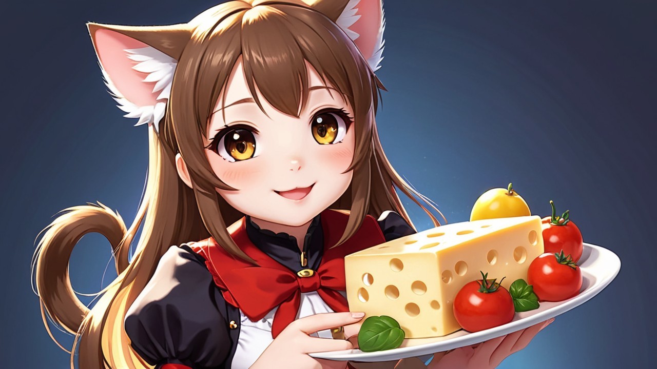 Cheerful anime catgirl with food on a blue background