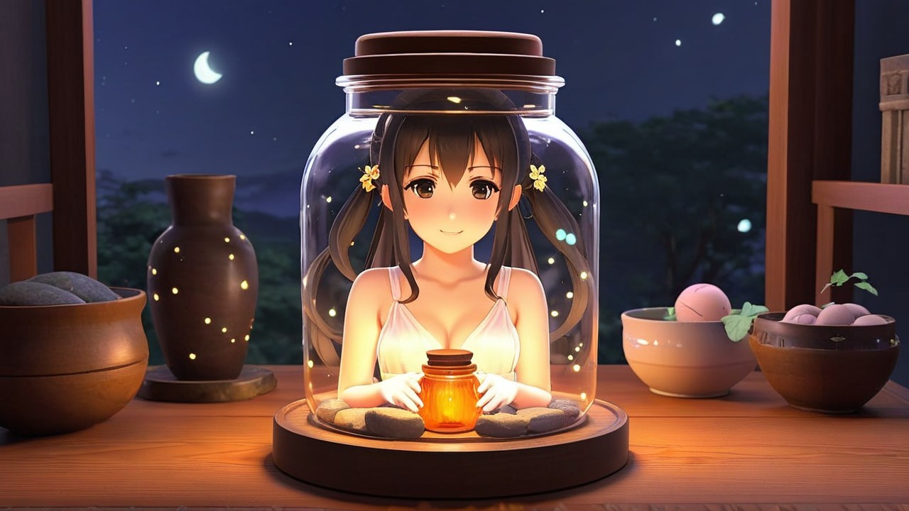 Enchanting Girl in Glass Jar Under Night Sky Glow