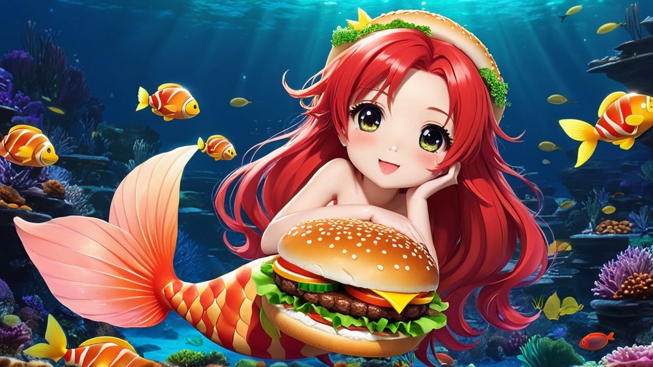 Cheerful mermaid with red hair in vibrant underwater scene