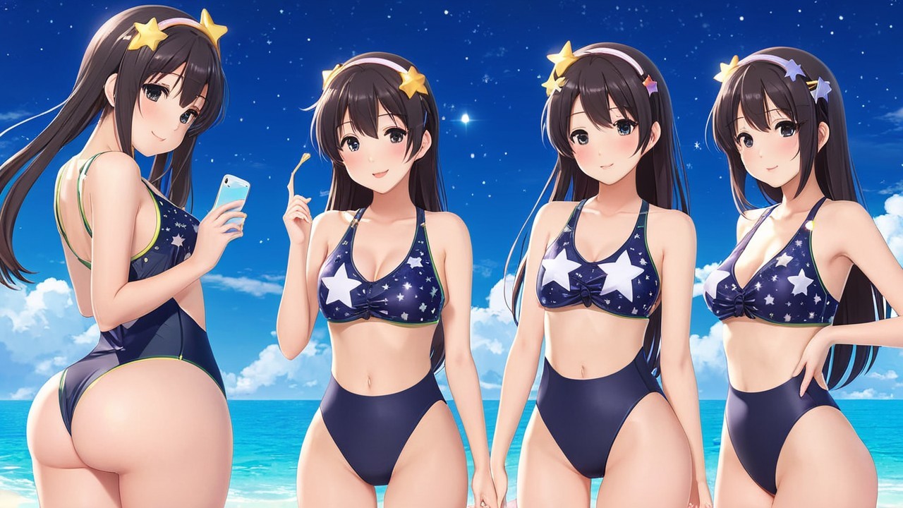 Character in Star-Patterned Swimsuit by the Ocean