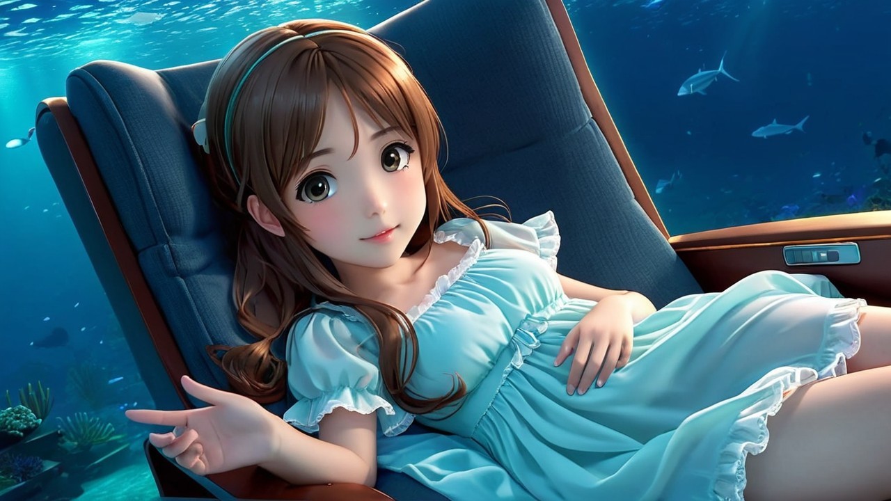 Underwater Scene with Girl in Blue Dress and Marine Life