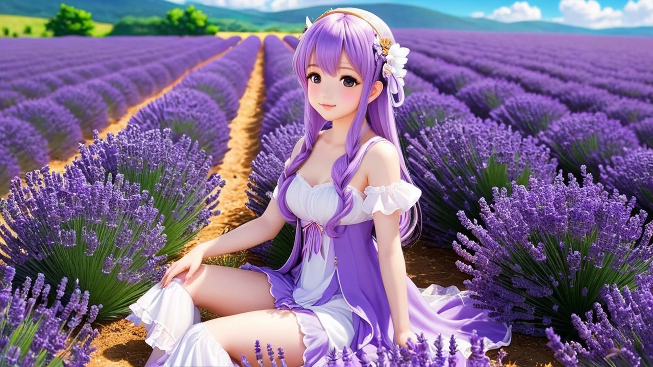Lavender Fields with a Serene Girl in Floral Dress