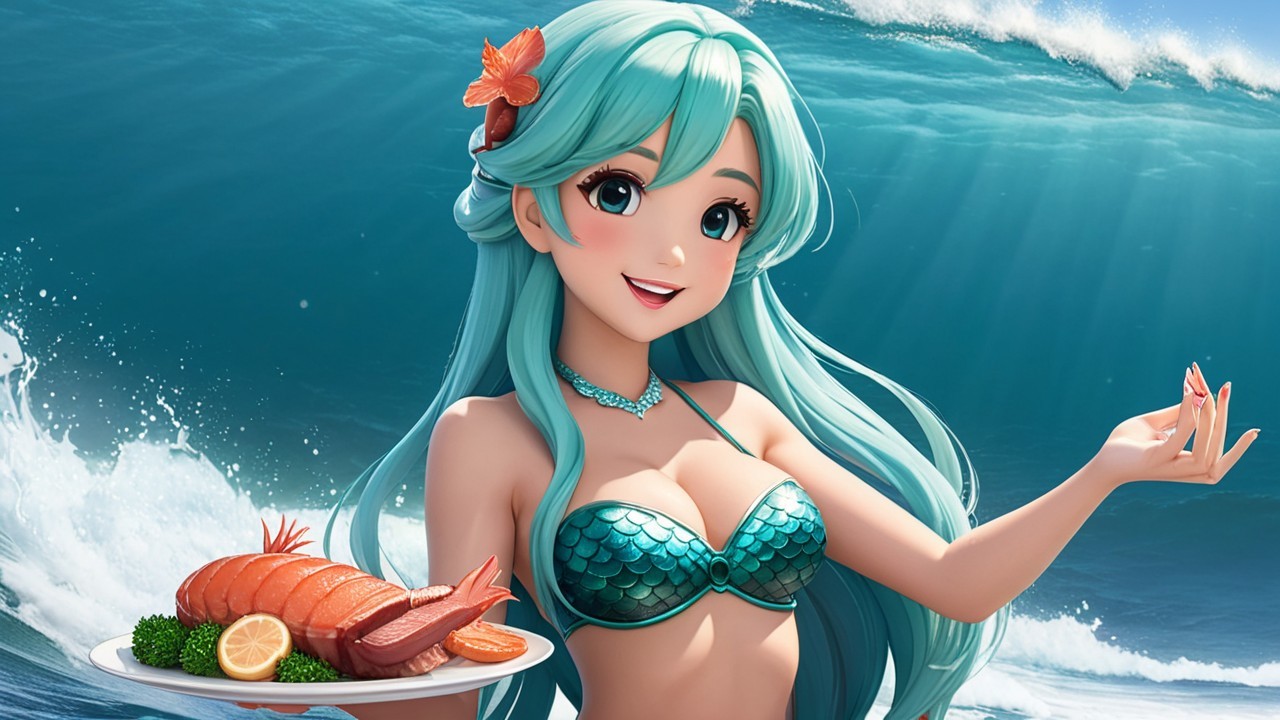 Cheerful anime character by the ocean in teal bikini