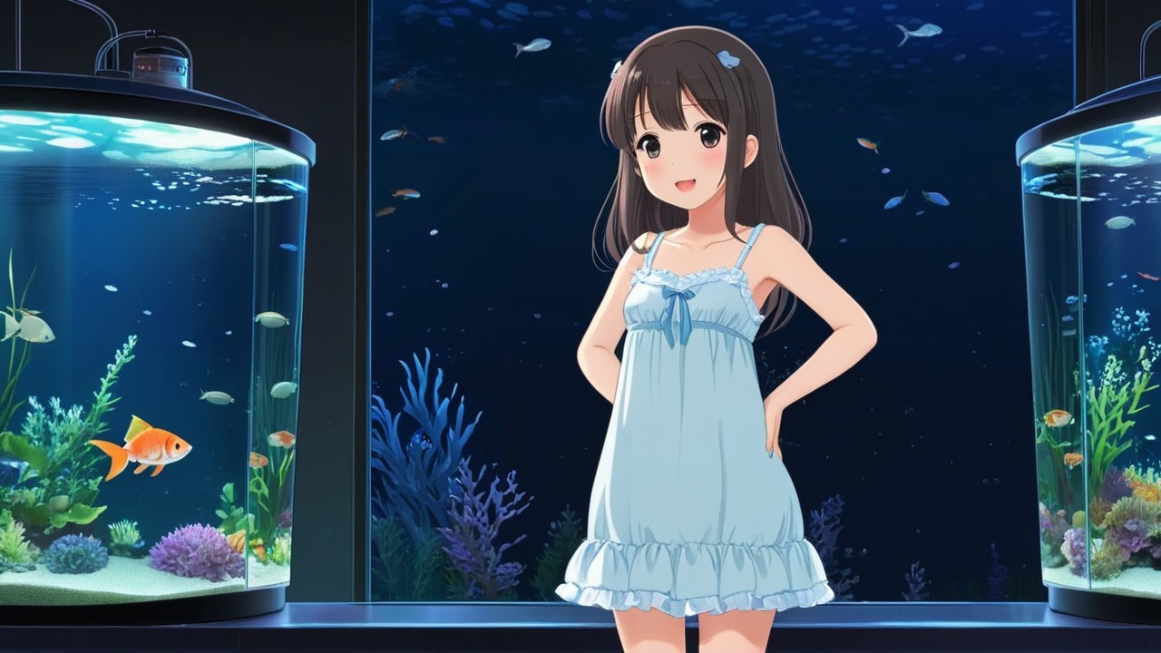 Young girl in front of colorful fish aquariums