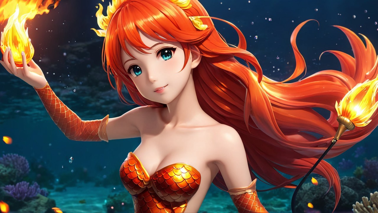 Vibrant Underwater Scene with Fiery Character