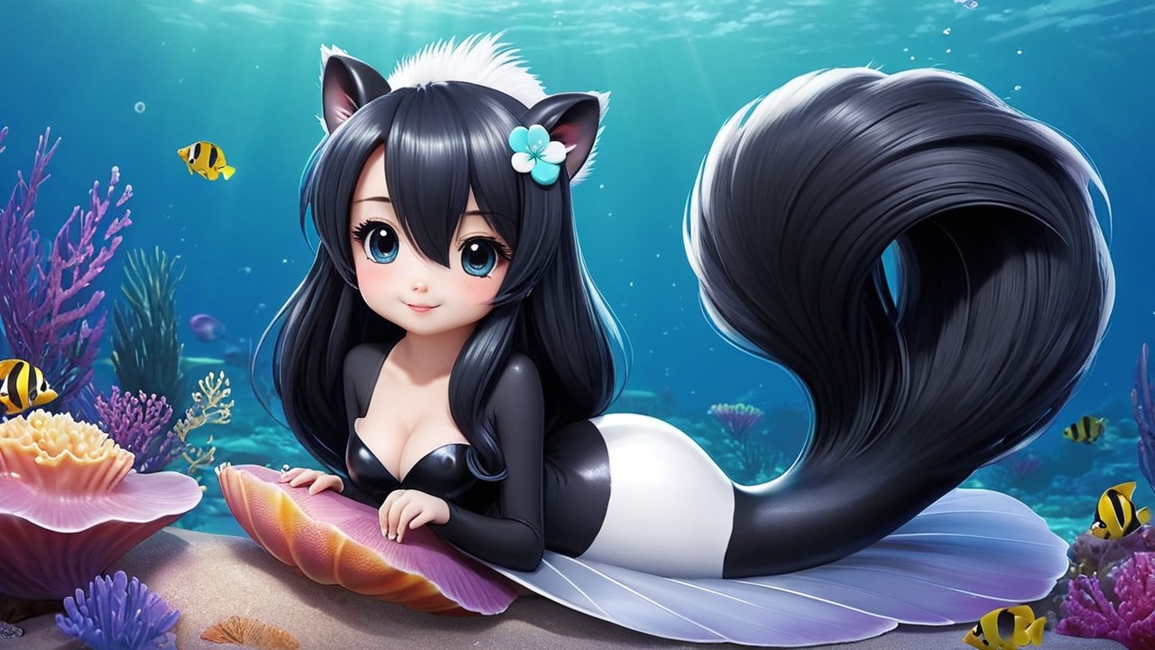 Whimsical Underwater Scene with Anime Cat Character