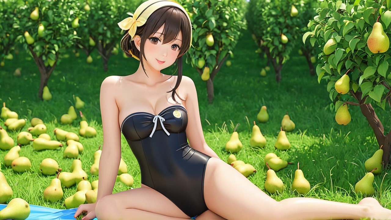 Young woman in black swimsuit in pear orchard