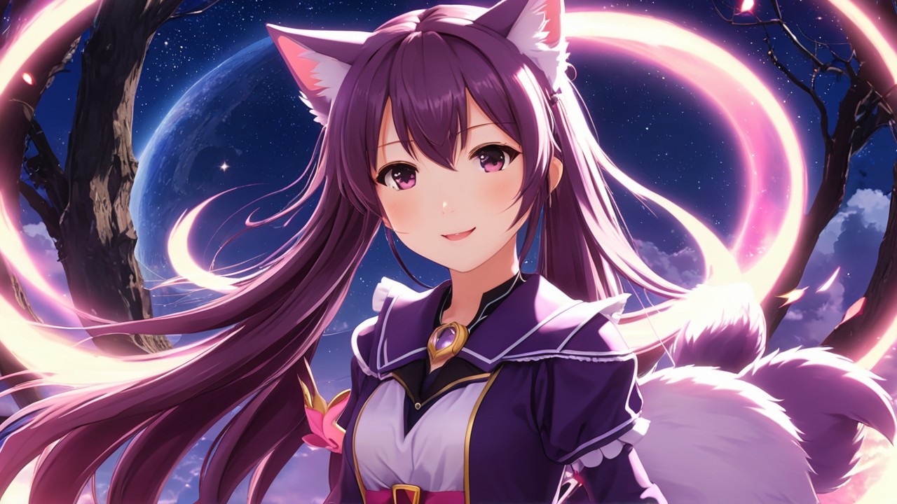 Mystical character with purple hair and cat ears