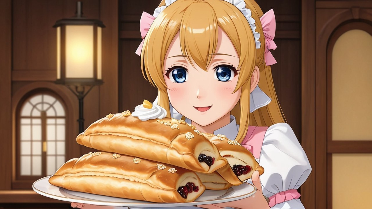 Cheerful Woman Presenting Golden Pastries in Cozy Room