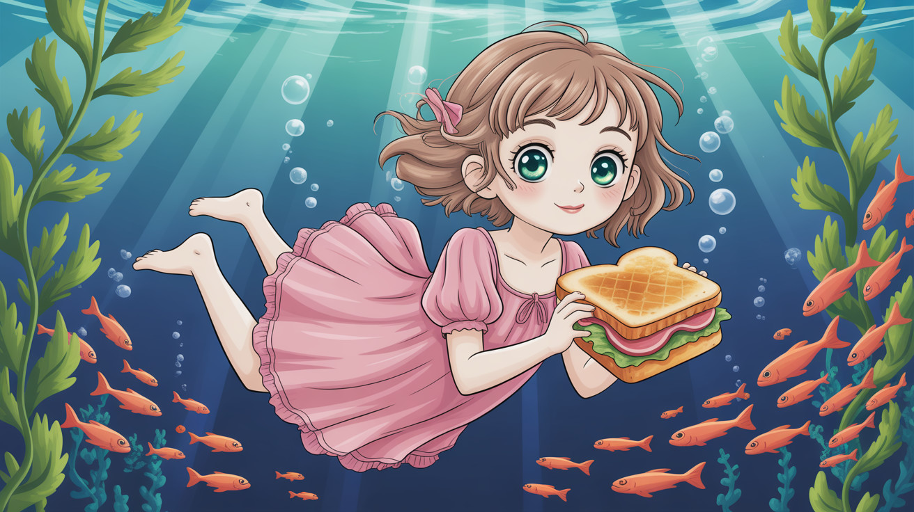 Anime girl in pink dress floating underwater with fish
