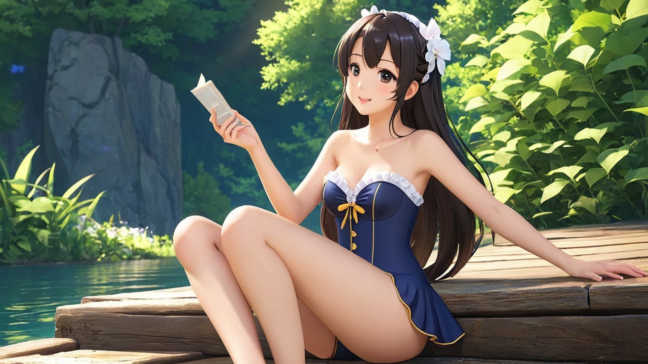 Young Woman in Blue Swimsuit by Serene Lake