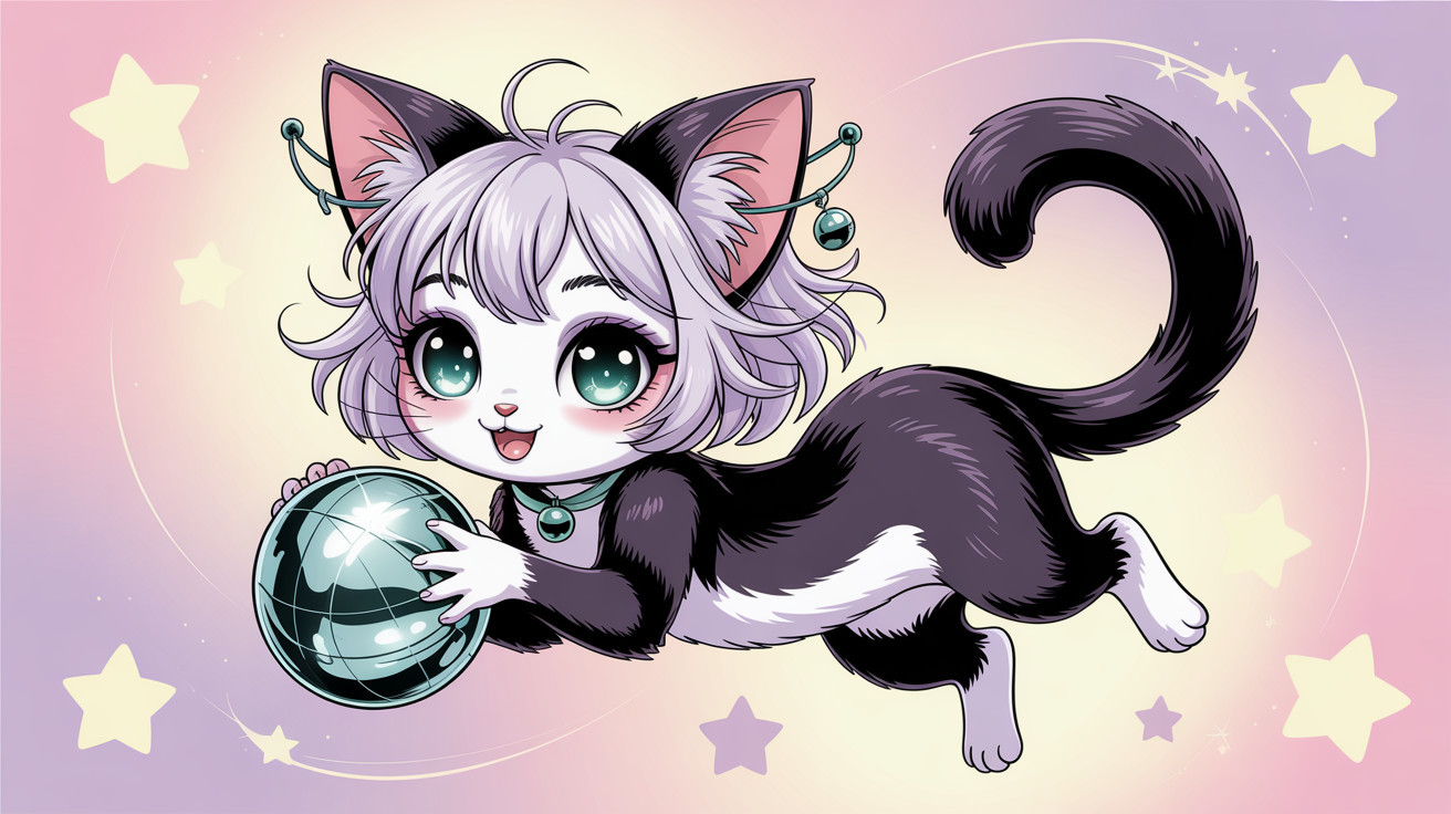 Tuxedo Kitten-Girl Floating in Space with Globe