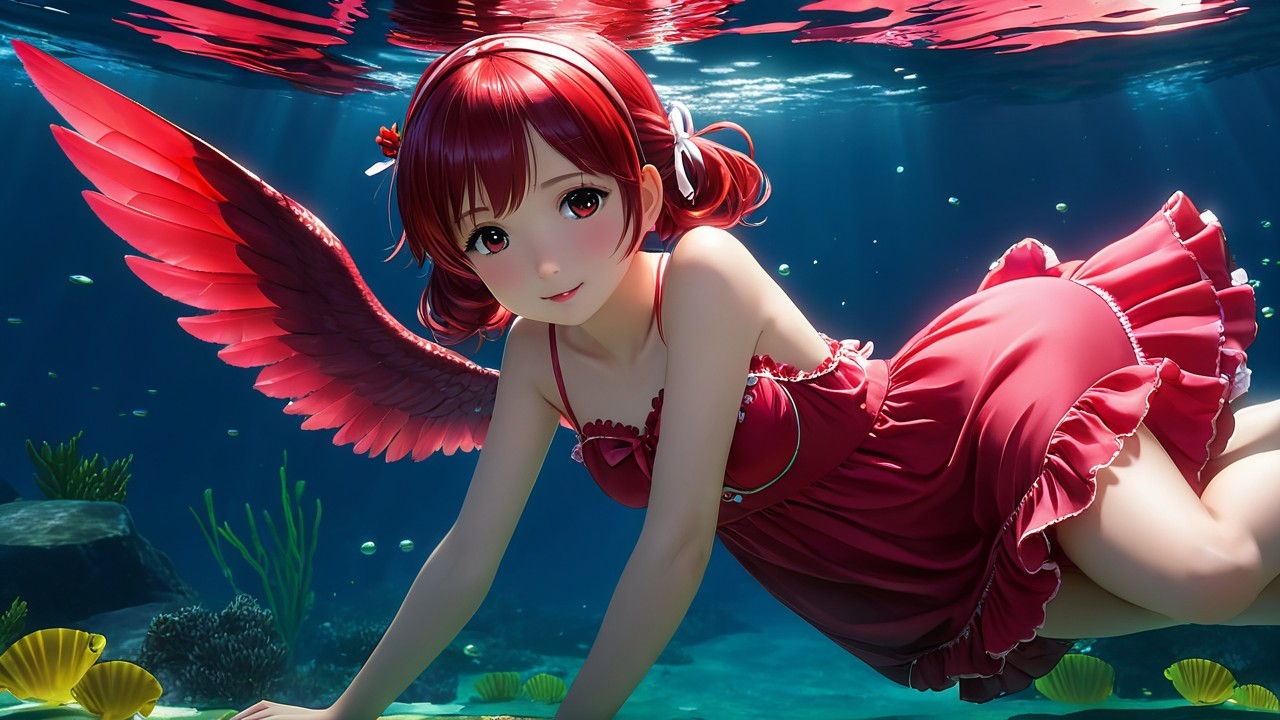 Whimsical Underwater Scene with Girl in Red Dress