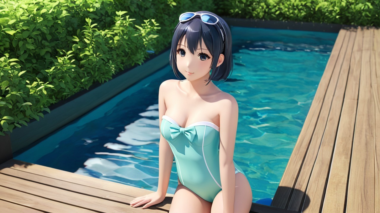 Young woman in blue swimsuit by serene poolside