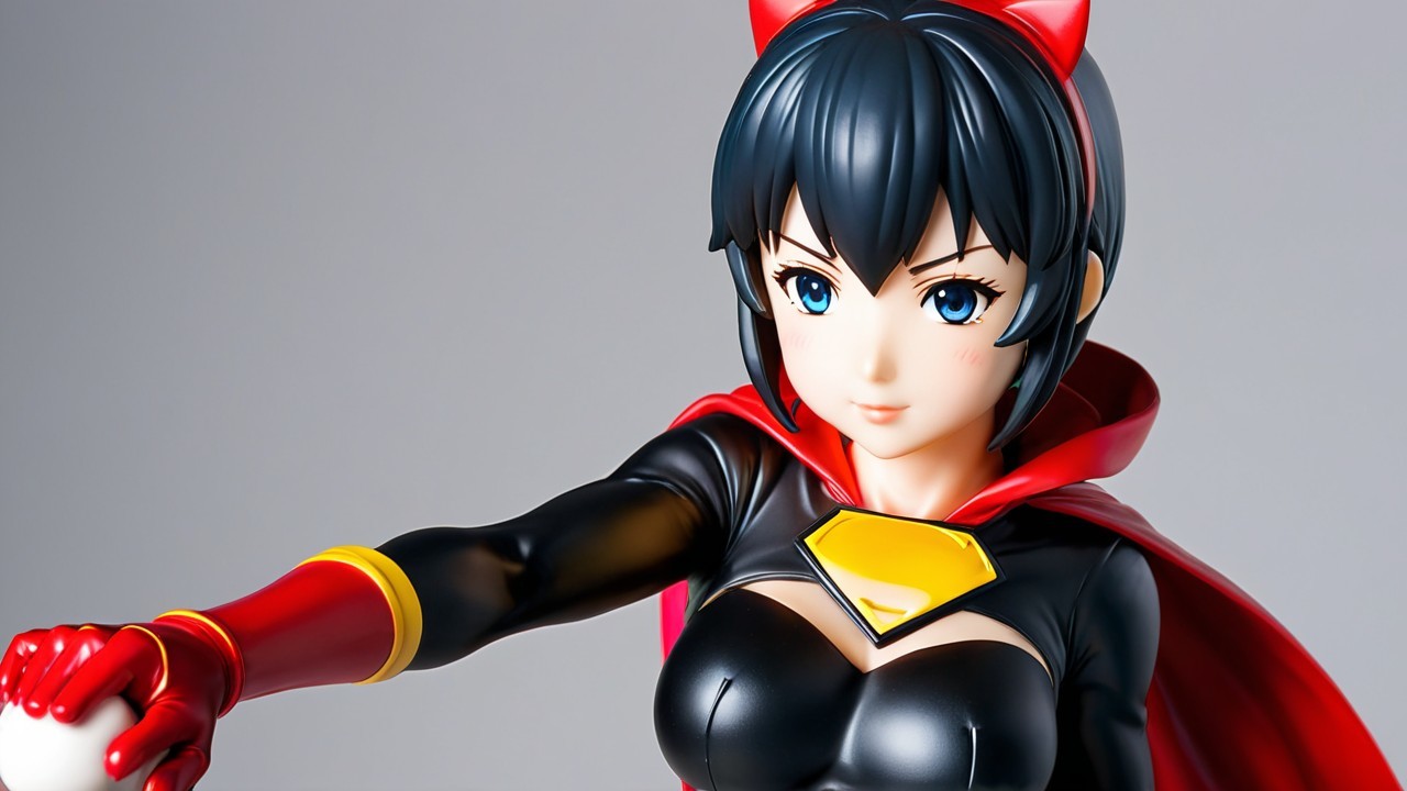 Female superhero in black and red costume with feline ears