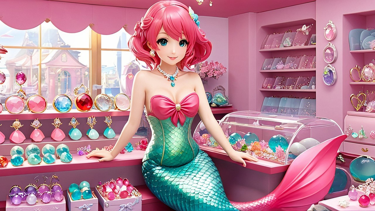 Mermaid in Colorful Jewelry Shop with Gemstones