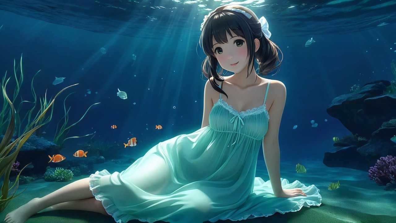 Underwater Scene with Girl in Light Blue Nightgown