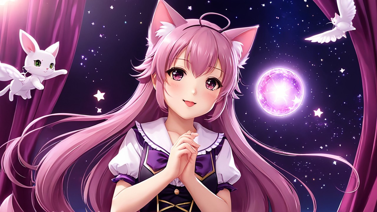 Whimsical anime character with pink hair and cat ears