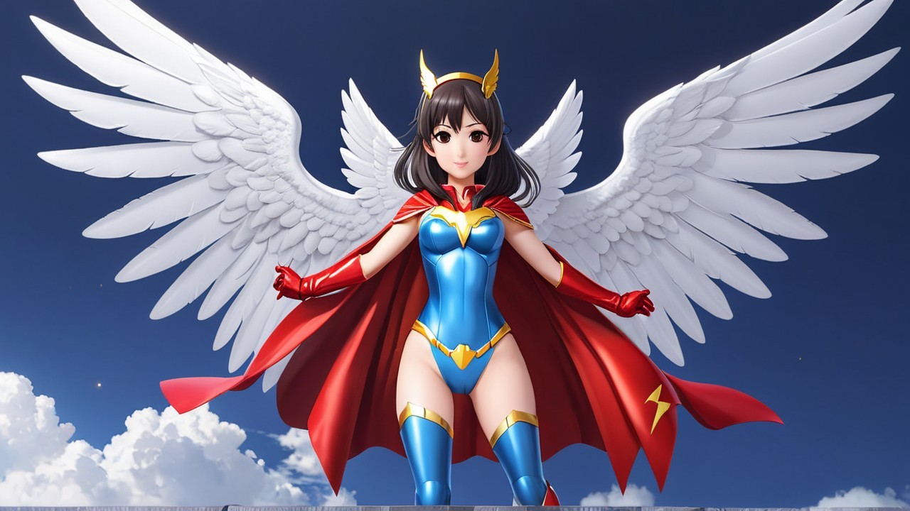 Heroic figure with wings in vibrant blue costume