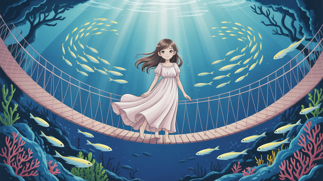 Anime Illustration of Girl on Coral-Seabed Bridge