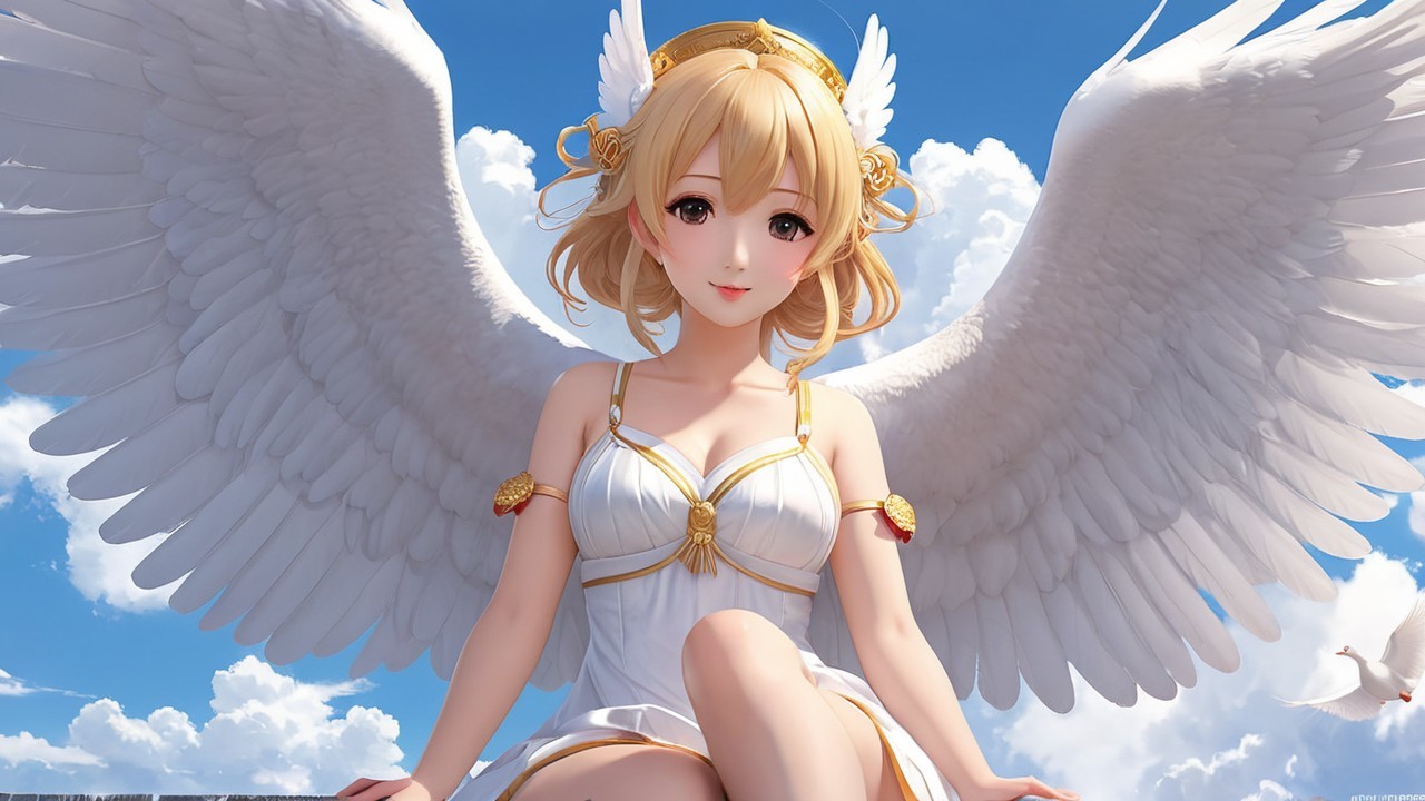 Angelic Figure with White Wings and Elegant Dress