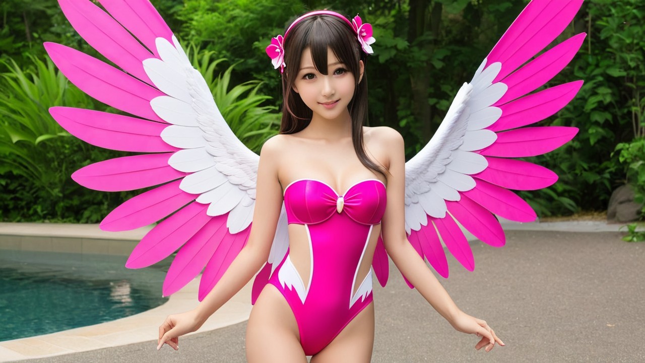Young woman in pink swimsuit with striking wings