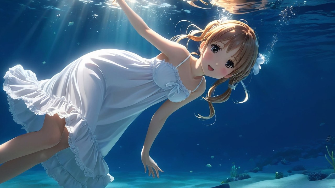 Young girl in white dress floating underwater with joy