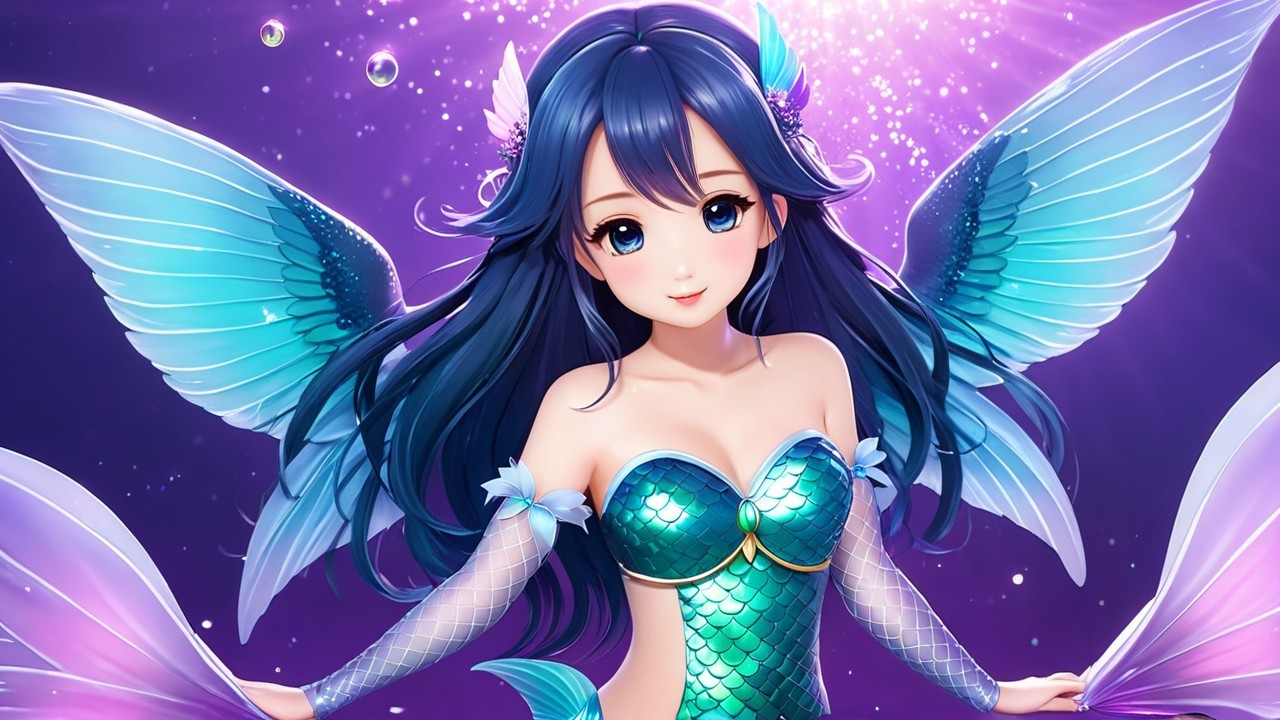 Mermaid with Dark Blue Hair in Underwater Scene