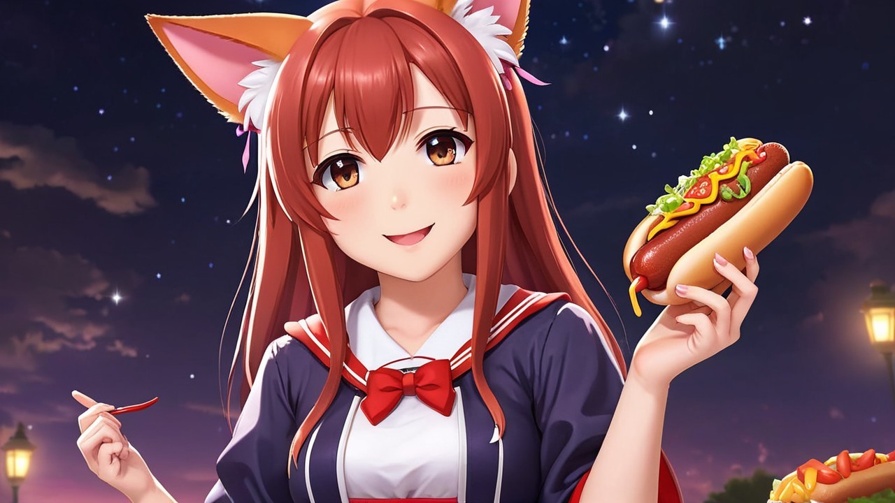 Cheerful Character in Japanese School Uniform with Hot Dog