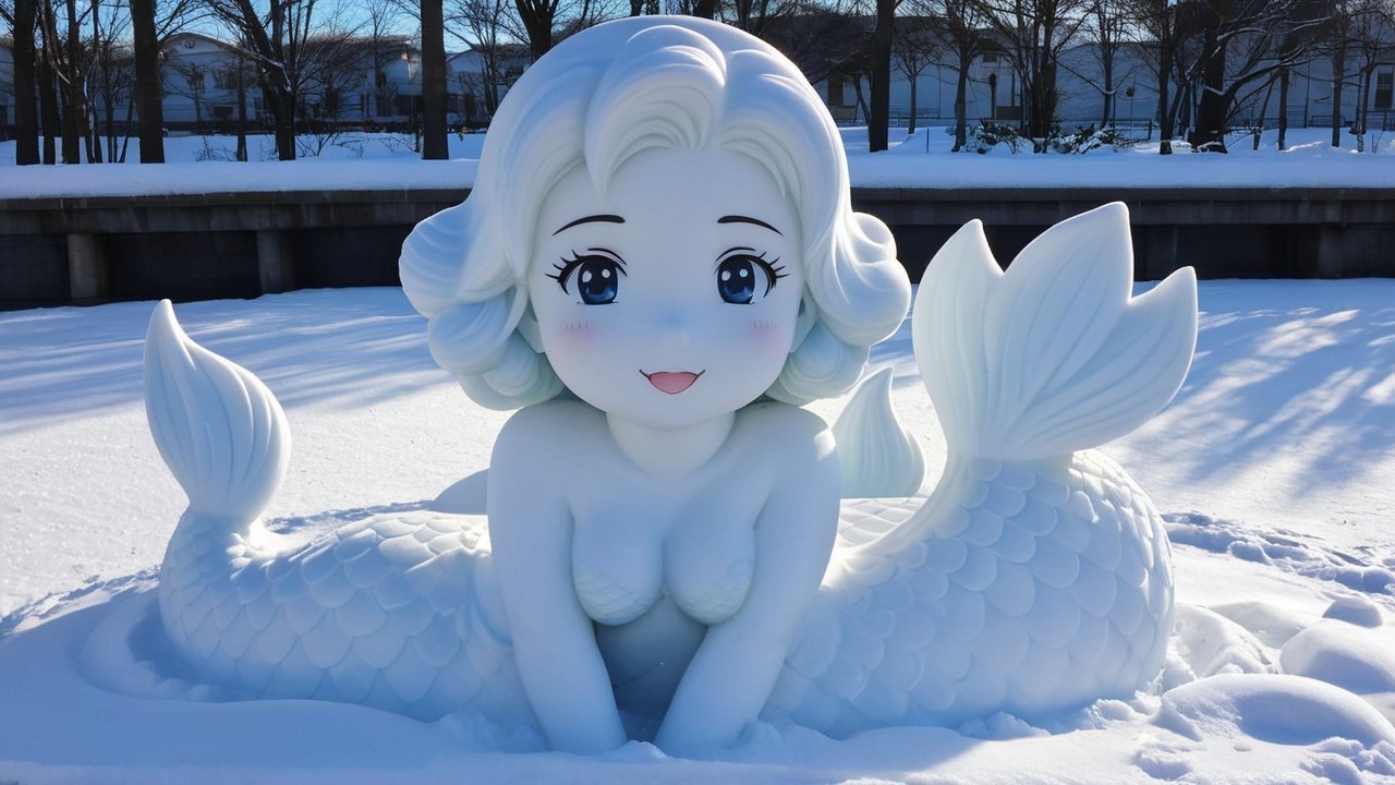 Whimsical Snow Sculpture of a Mermaid in Winter Landscape