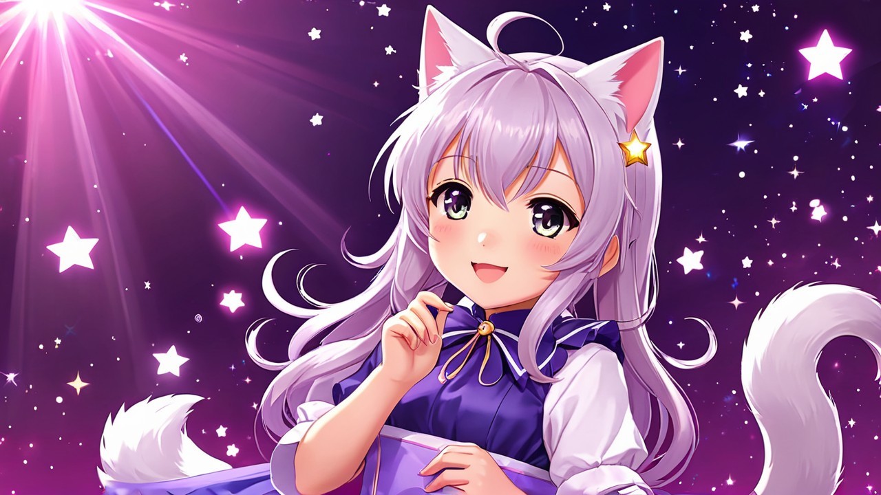 Cute anime character with silver hair and cat ears