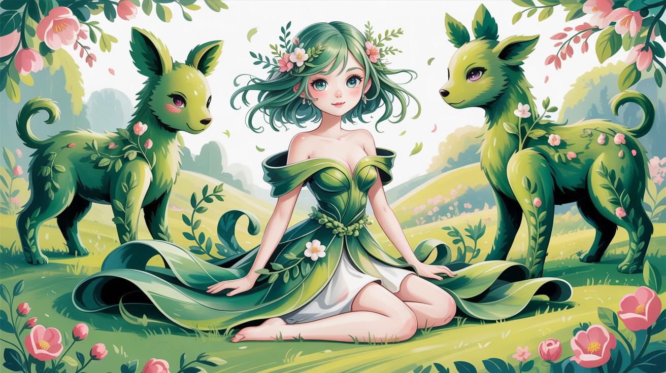 Green-haired nature spirit illustration in a lush landscape