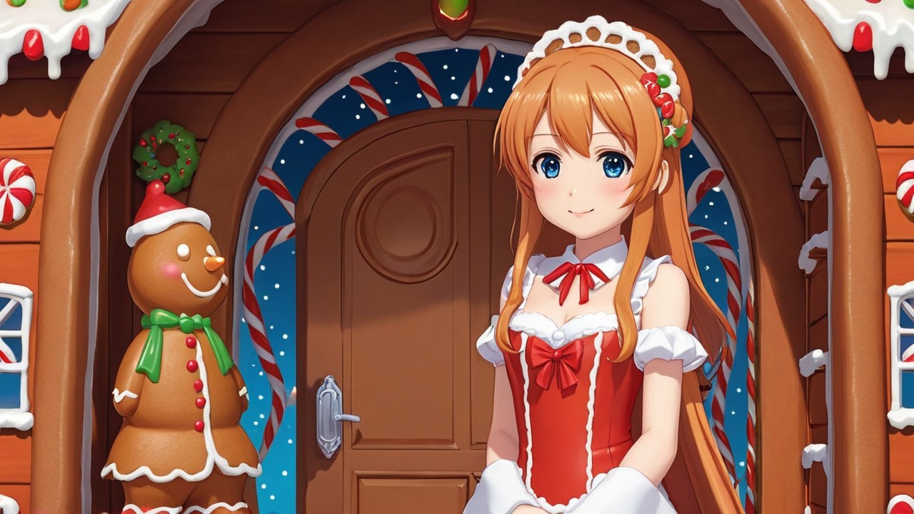 Cheerful Girl at Whimsical Gingerbread House Entrance